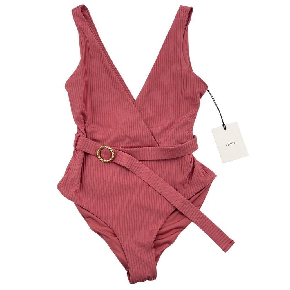 NEW Onia Michelle One-Piece Swimsuit Ribbed Belted Waist Solid Dusty Rose | XS - Picture 2 of 11